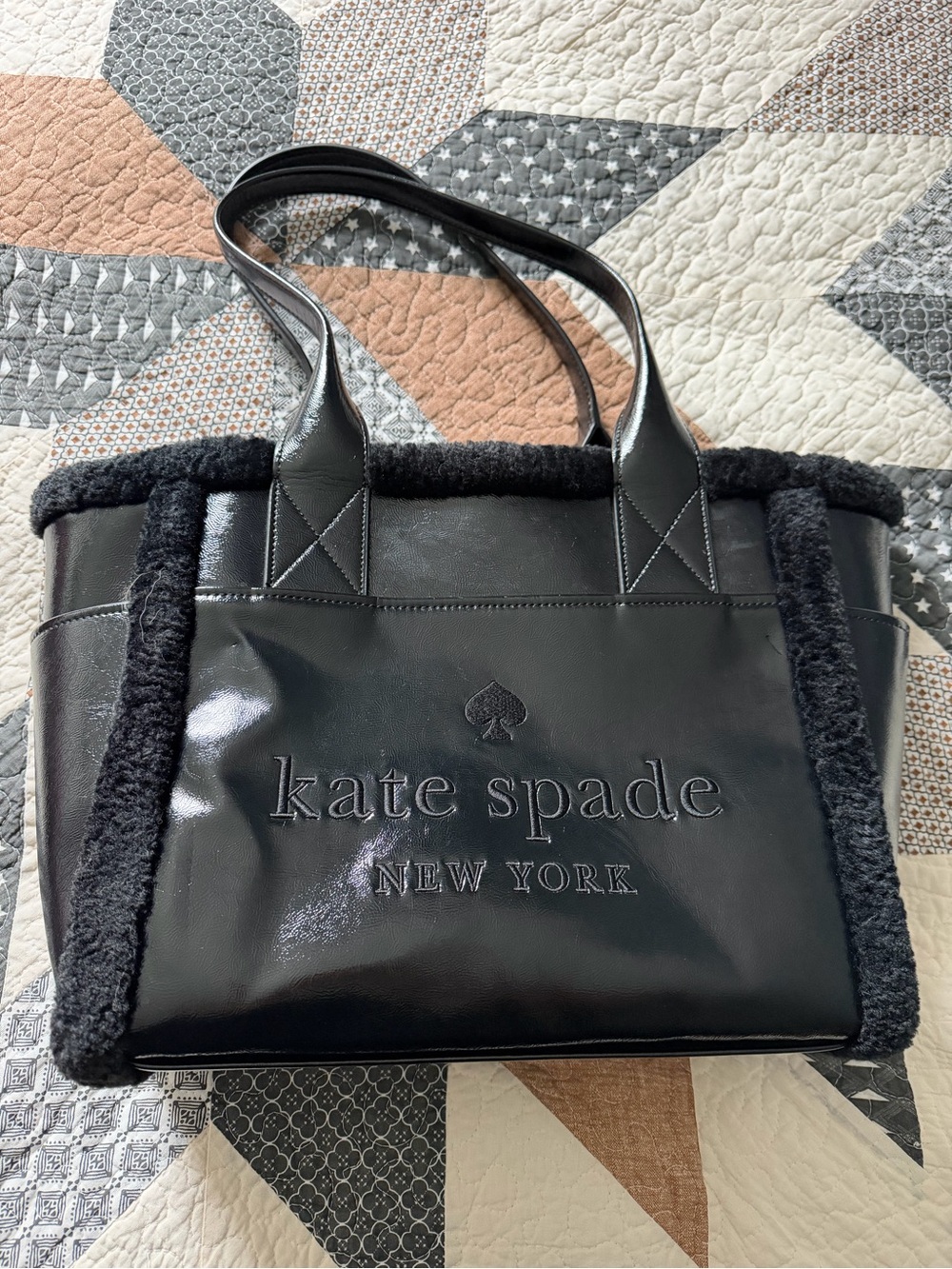kate spade Black Shearling-Trim Leather Tote
